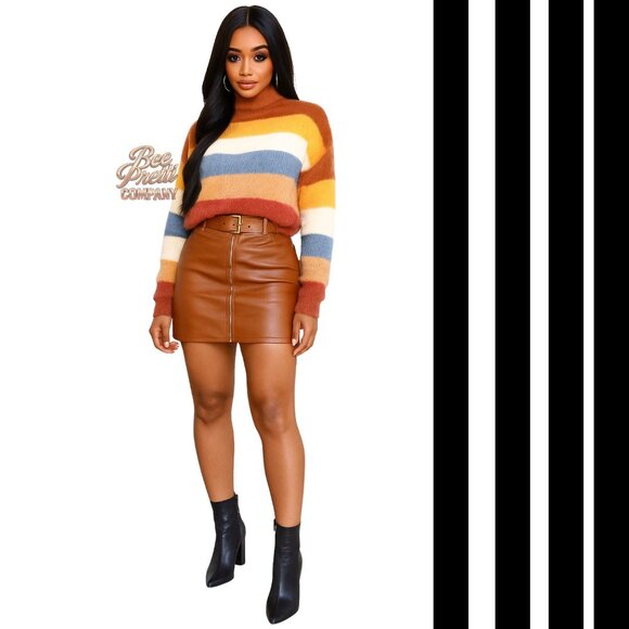 Fashion Nova Cozy Colorblock Striped Turtleneck Sweater Fall Vibes - Picture 3 of 5